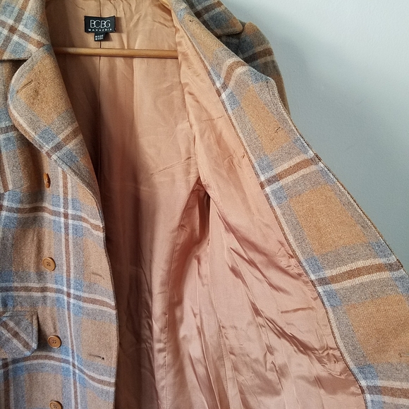 BCBG MAXAZRIA Vintgae 80s Wool Mohair Windowpane Plaid Trench Coat Size Small - Picture 13 of 16